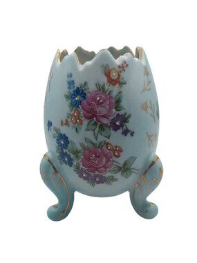 Vintage MCM Ardco Japanese Porcelain Floral Cracked Egg Footed Vase Gold Trim